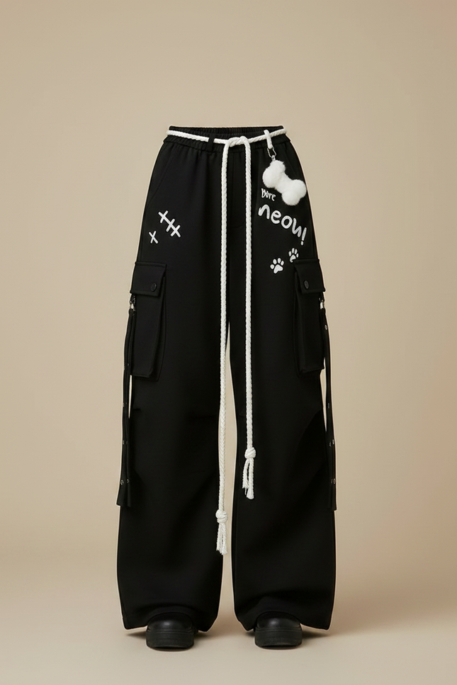 Pantalon Japonais Noir Ample Cargo Cordon Streetwear - Molleton - vue 3