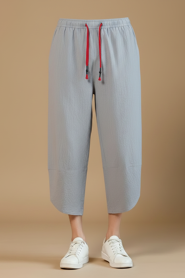 Pantalon Japonais Gris Coton Ample Décontracté Cordon - vue 3