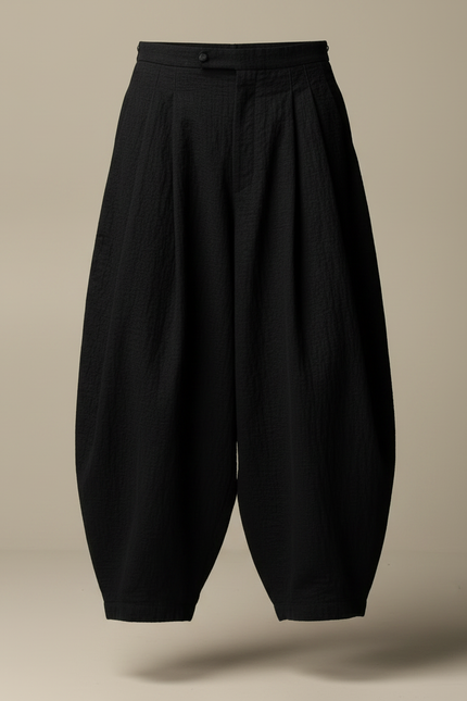 Pantalon Japonais Ample Noir Texturé Unisexe - Lin - vue 3