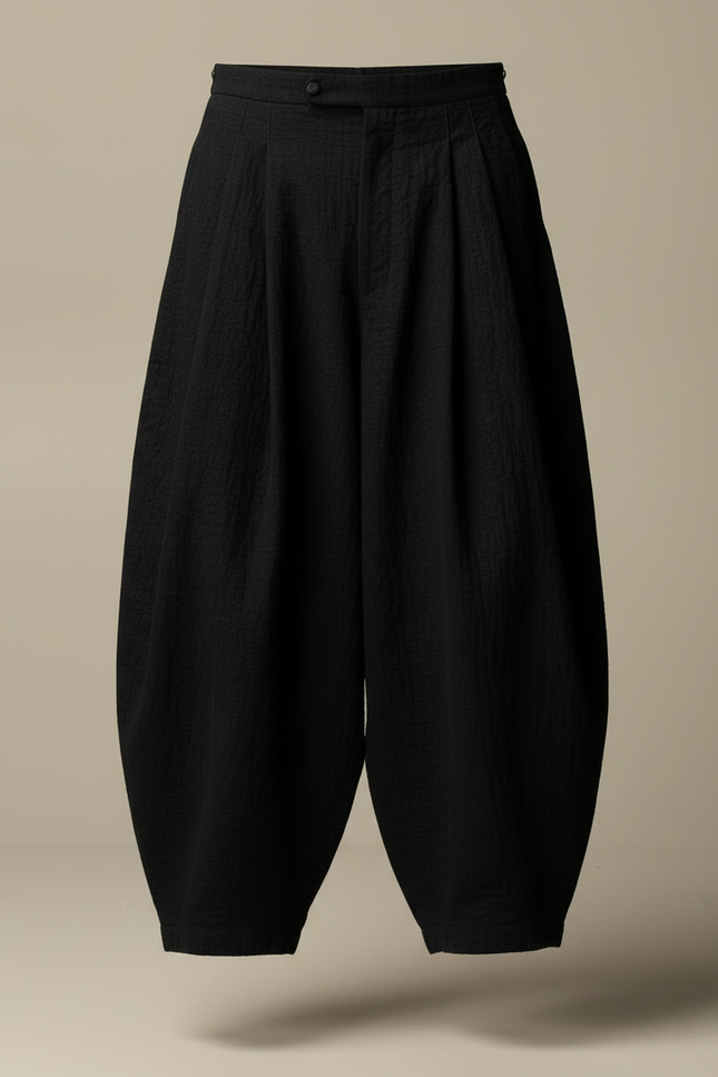 Pantalon Japonais Ample Noir Texturé Unisexe - Lin - vue 3