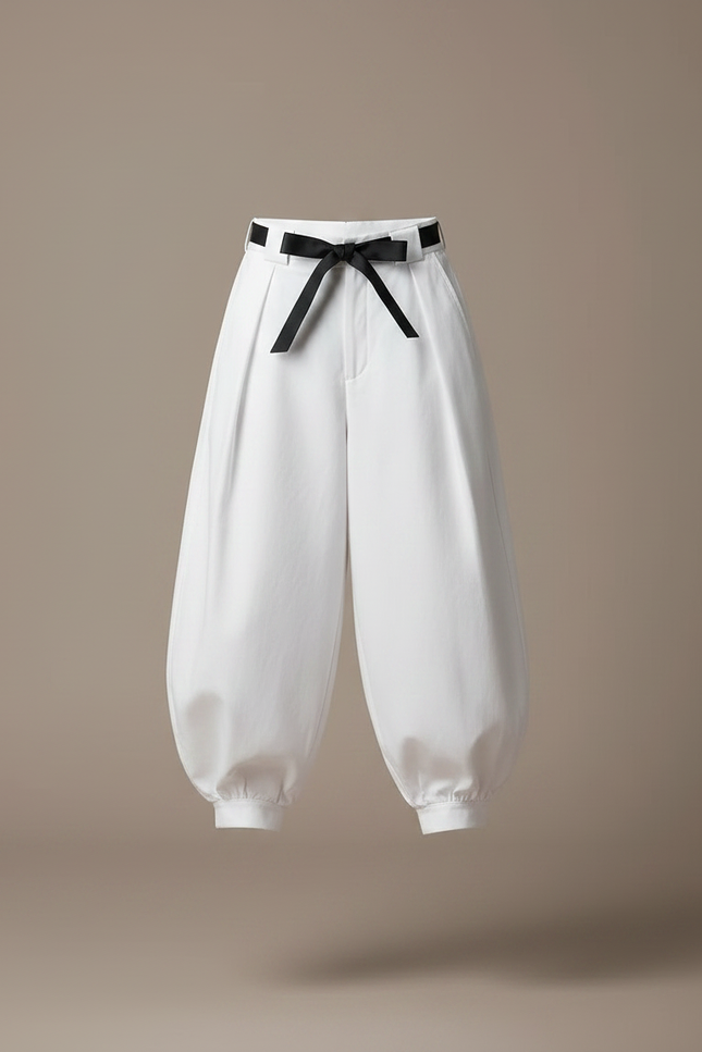 Pantalon Japonais Blanc Ample Coton Ceinture Noire - vue 3