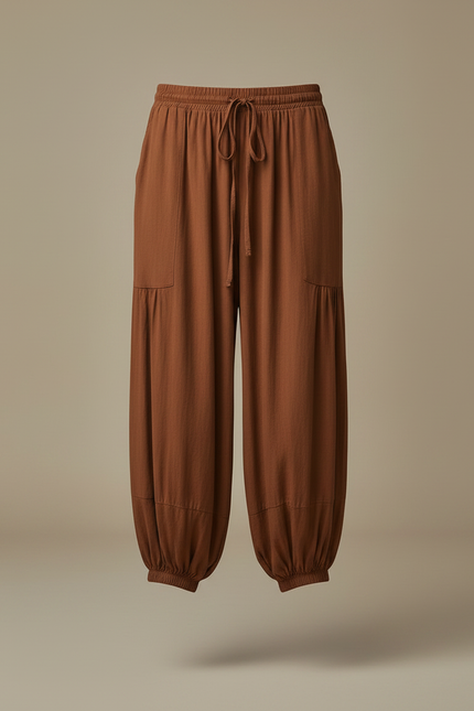 Pantalon Japonais Marron Fluide Ample Cordon Décontracté - Viscose - vue 3