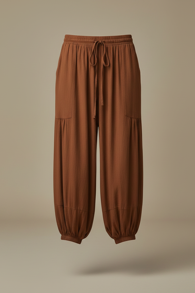 Pantalon Japonais Marron Fluide Ample Cordon Décontracté - Viscose - vue 3