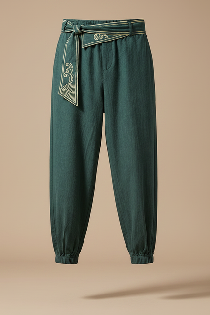 Pantalon Japonais Vert Lin Ample Ceinture Brodé Homme - vue 3