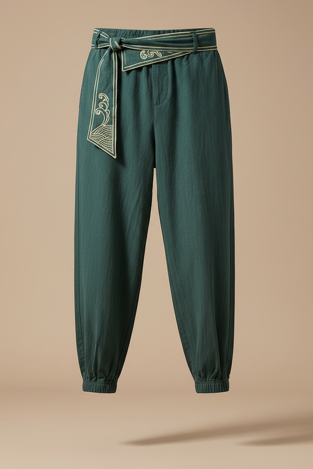 Pantalon Japonais Vert Lin Ample Ceinture Brodé Homme - vue 3