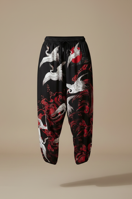 Pantalon Japonais Noir Grues Rouges Fluide Ample - Satin - vue 3