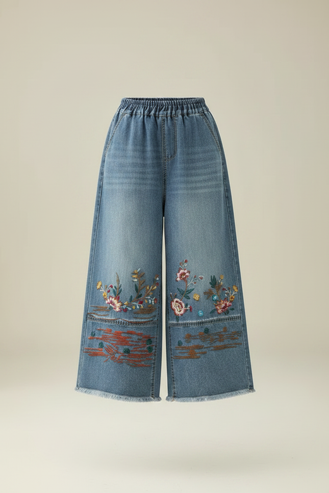 Pantalon Japonais Denim Brodé Fleuri Ample Décontracté - Bleu Jean - vue 3