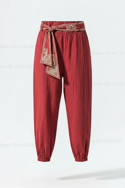 Pantalon Japonais Rouge Ample Coton Lin Brodé - vue 3