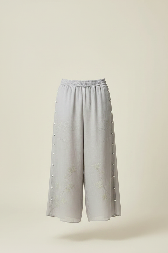 Pantalon Japonais Gris Ample Brodé Confortable Décontracté - Viscose - vue 3