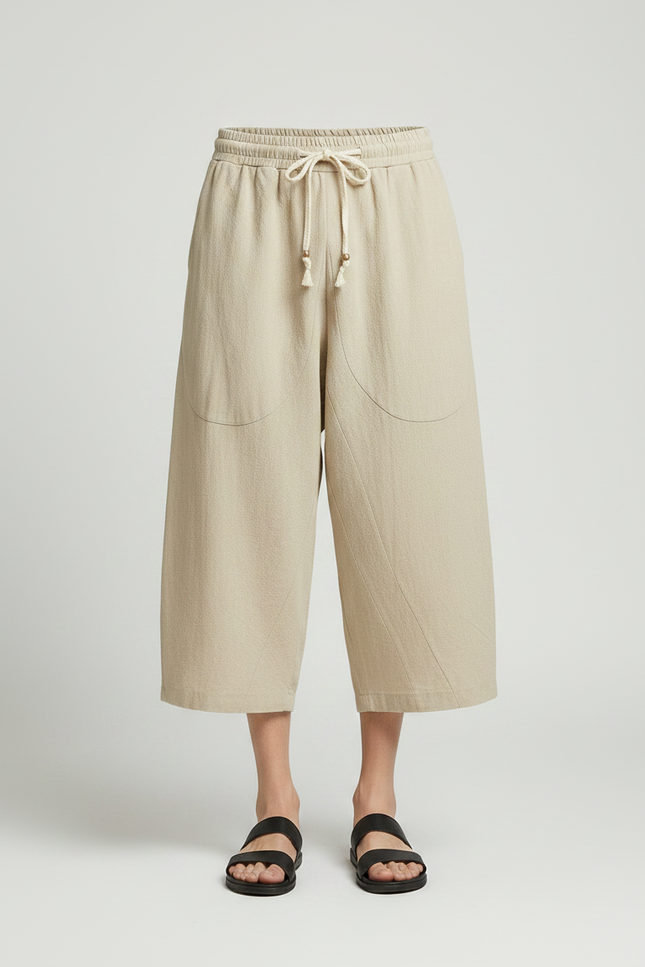 Pantalon Japonais Beige Coton Ample Court Cordon - Lin - vue 3