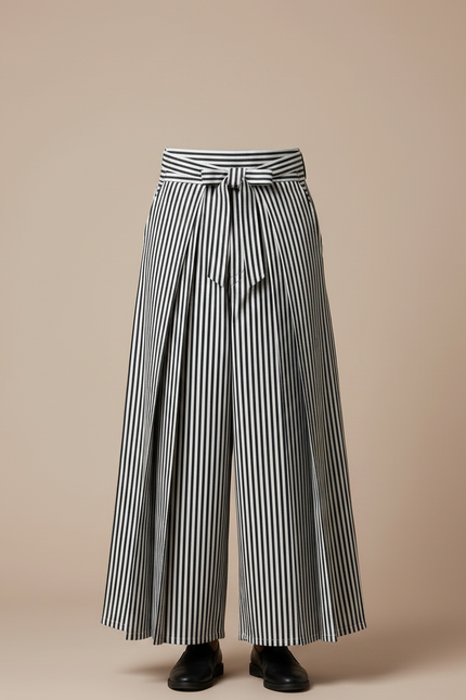 Pantalon Japonais Rayé Plissé Ample Ceinturé Homme - Imprimé Toile - vue 3