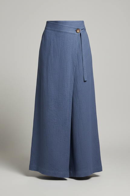 Pantalon Japonais Bleu Lin Ample Fluide Élégant - vue 3