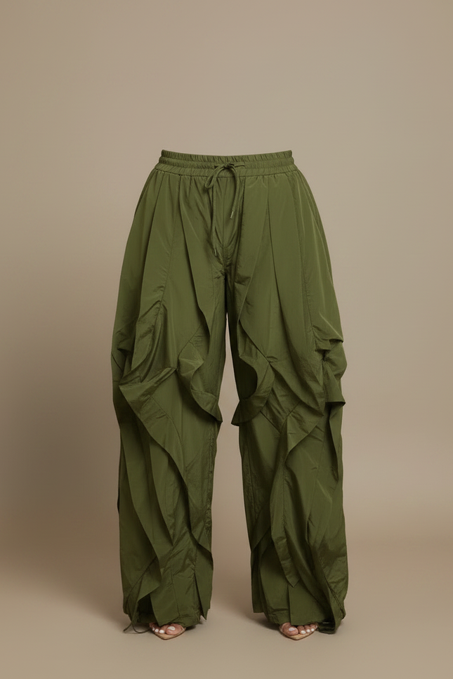 Pantalon Japonais Vert Ample Plissé Cargo Femme - Kaki Polyester - vue 3