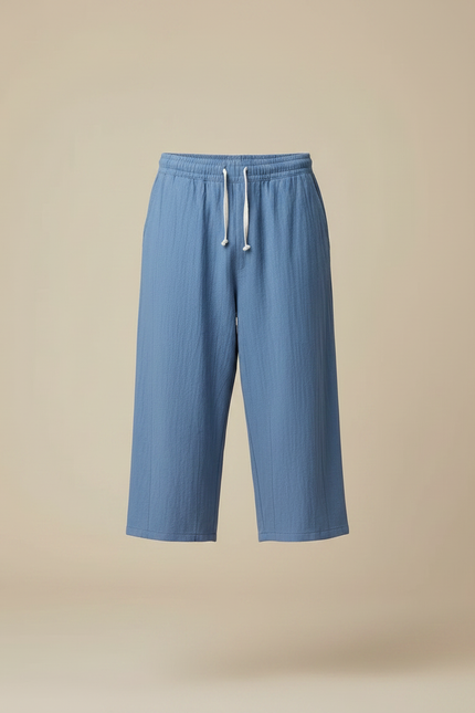 Pantalon Japonais Bleu Coton Ample Court Cordon - vue 3