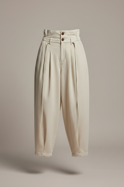 Pantalon Japonais Écru Ample Coton Femme Décontracté Plissé - Beige - vue 3