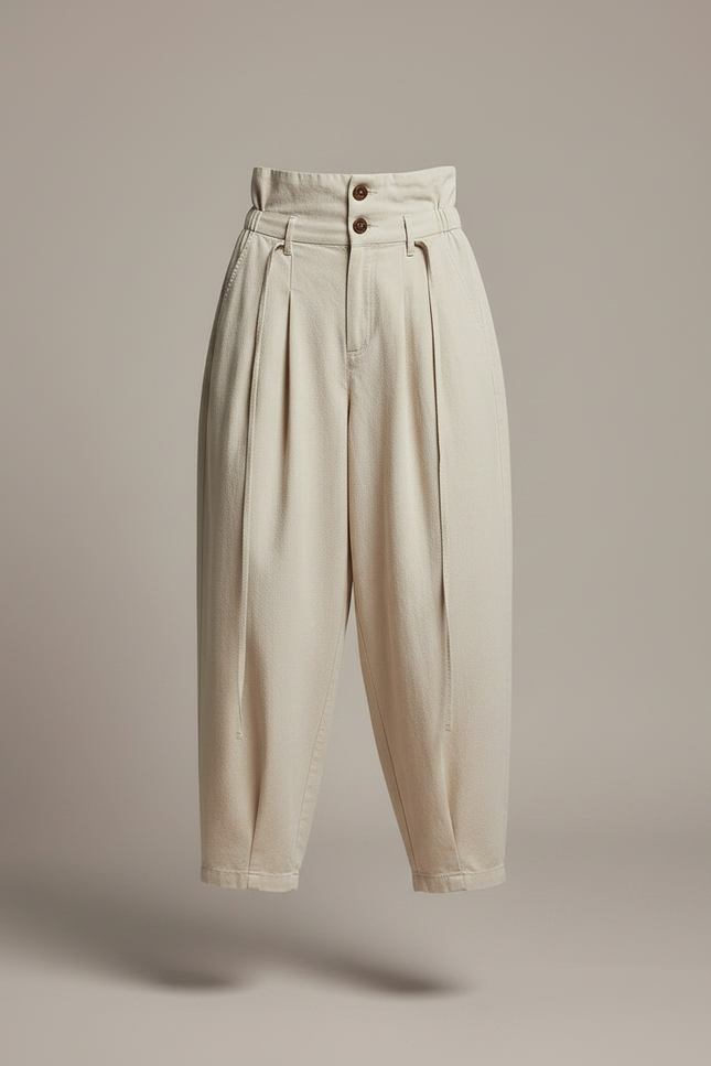 Pantalon Japonais Écru Ample Coton Femme Décontracté Plissé - Beige - vue 3