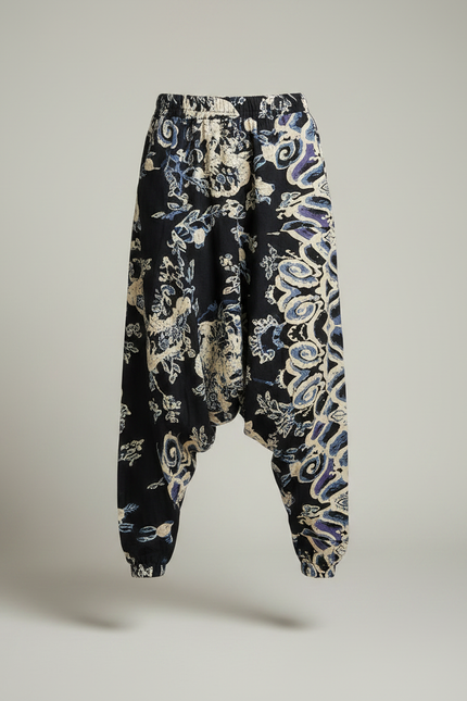 Pantalon Japonais Harem Noir Imprimé Ethnique Fluide - Viscose - vue 3