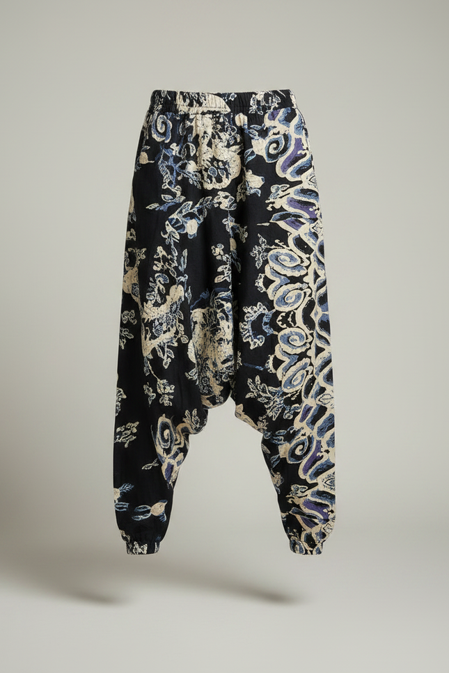 Pantalon Japonais Harem Noir Imprimé Ethnique Fluide - Viscose - vue 3