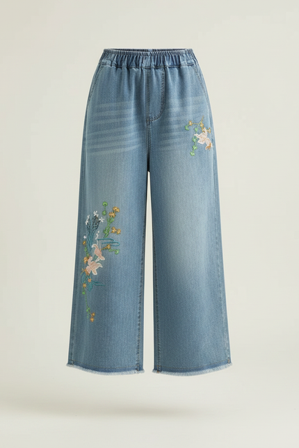 Pantalon Japonais Denim Ample Brodé Fleur Femme - Bleu Jean - vue 3
