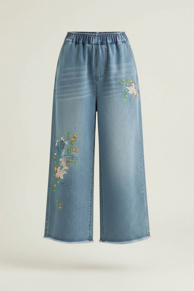 Pantalon Japonais Denim Ample Brodé Fleur Femme - Bleu Jean - vue 3