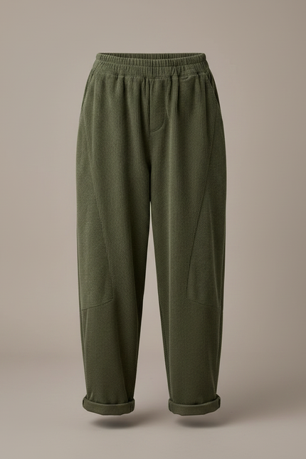 Pantalon Japonais Vert Côtelé Ample Décontracté Élastique - Kaki Cordé - vue 3