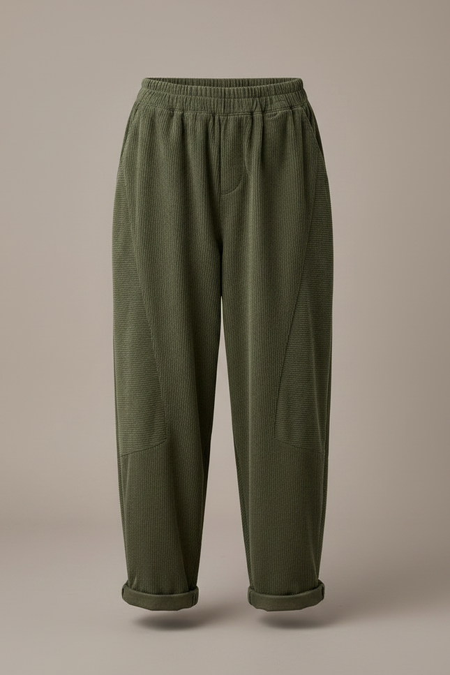Pantalon Japonais Vert Côtelé Ample Décontracté Élastique - Kaki Cordé - vue 3
