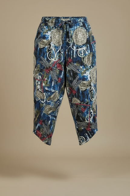 Pantalon Japonais Imprimé Sarouel Bleu Ample Décontracté Homme - Multicolore Lin - vue 3