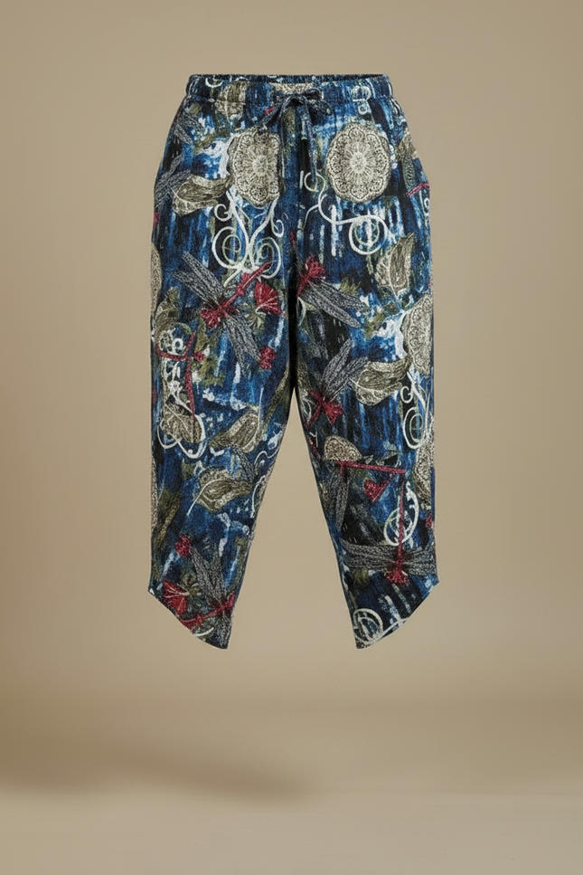 Pantalon Japonais Imprimé Sarouel Bleu Ample Décontracté Homme - Multicolore Lin - vue 3