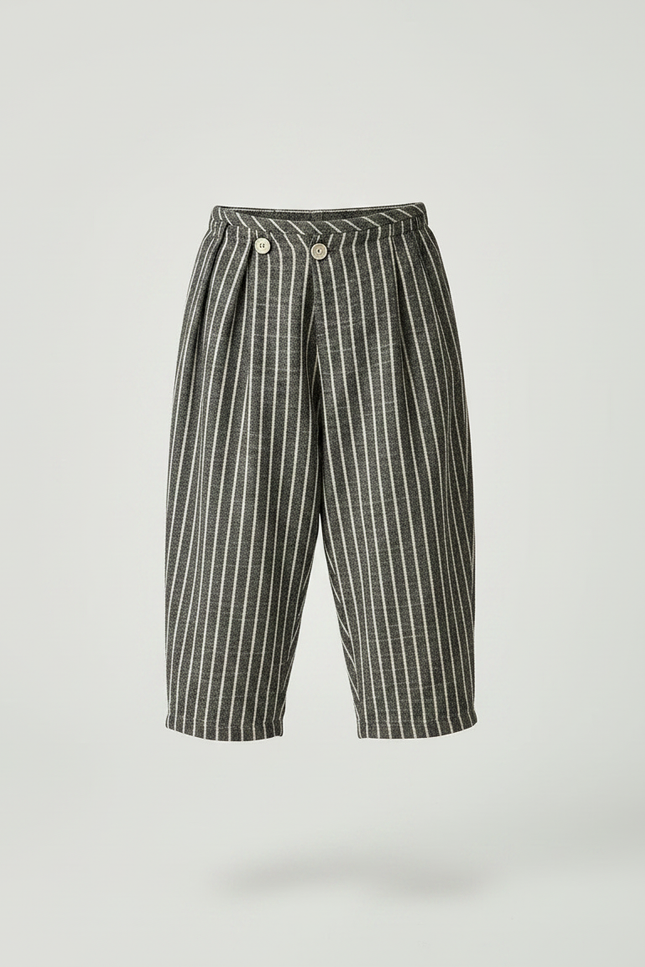 Pantalon Japonais Rayé Ample Décontracté Coton Lin - Vert Laine - vue 3