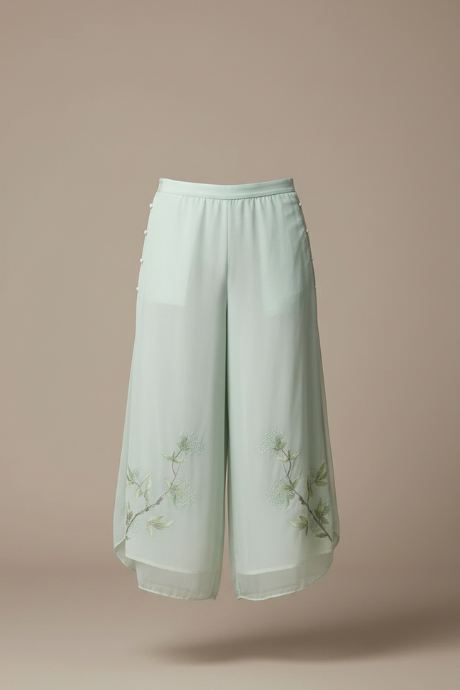 Pantalon Japonais Vert Ample Chiffon Brodé Léger - Soie - vue 3