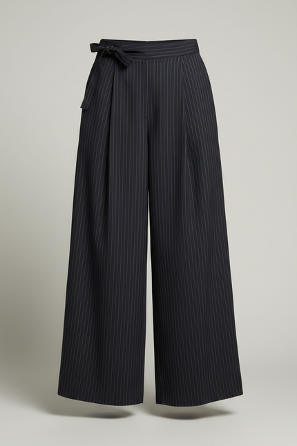 Pantalon Japonais Rayé Ample Fluide Noir Élégant - Marine Viscose - vue 3