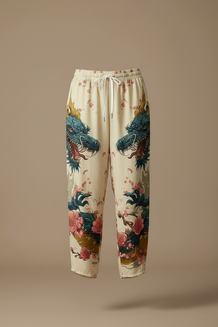 Pantalon Japonais Beige Ample Imprimé Dragon Floral - Viscose - vue 3
