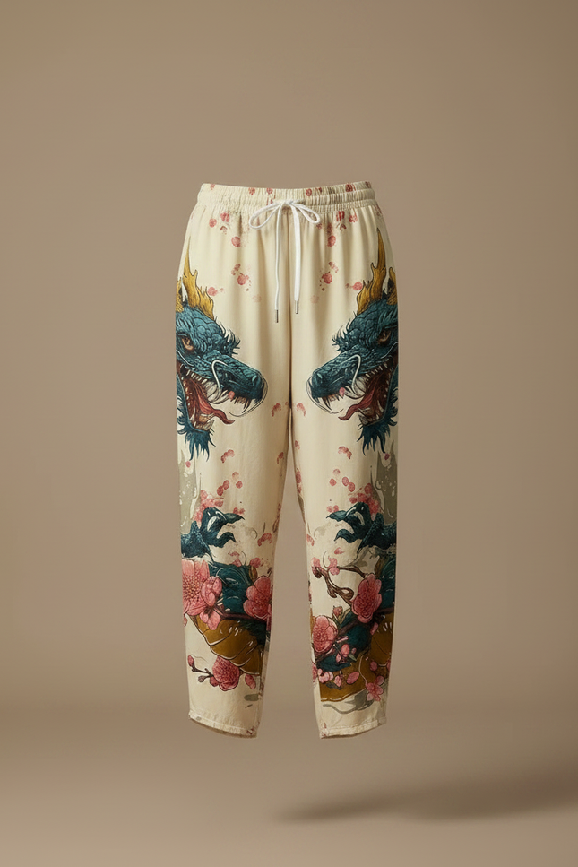 Pantalon Japonais Beige Ample Imprimé Dragon Floral - Viscose - vue 3