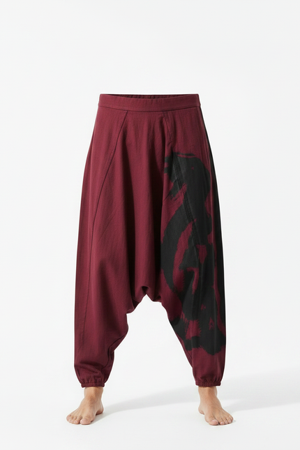 Pantalon Japonais Sarouel Ample Rouge Imprimé Ethnique - Bordeaux Coton - vue 3