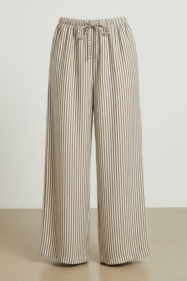 Pantalon Japonais Rayé Ample Fluide Cordon Beige - Lin - vue 3