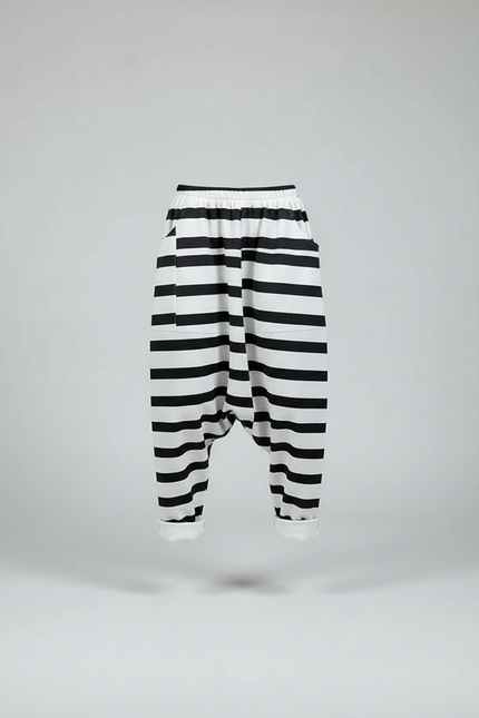 Pantalon Japonais Harem Rayé Noir Blanc Ample - Imprimé Polyester - vue 3