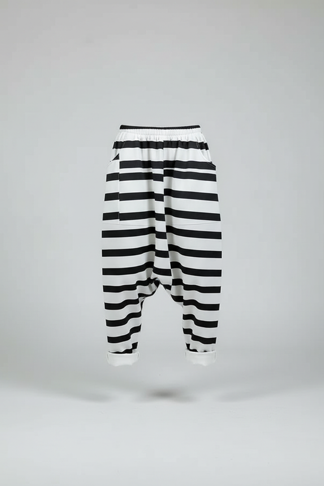 Pantalon Japonais Harem Rayé Noir Blanc Ample - Imprimé Polyester - vue 3