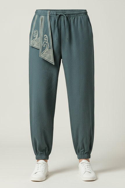 Pantalon Japonais Harem Vert Dragon Brodé Coton Fluide - vue 3
