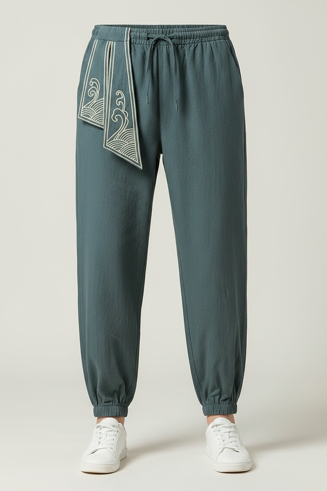 Pantalon Japonais Harem Vert Dragon Brodé Coton Fluide - vue 3
