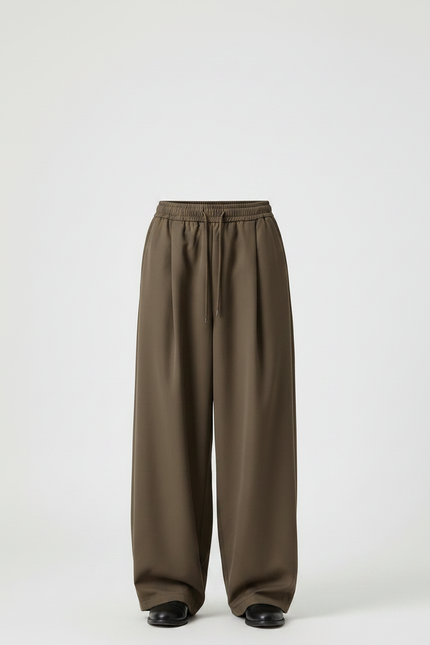 Pantalon Japonais Marron Ample Plissé Décontracté Minimaliste - Kaki Polyester - vue 3