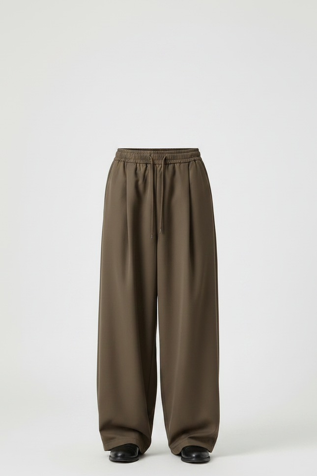 Pantalon Japonais Marron Ample Plissé Décontracté Minimaliste - Kaki Polyester - vue 3