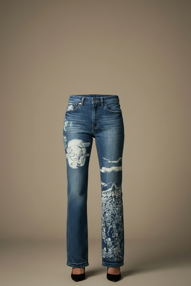 Pantalon Japonais Denim Dragon Imprimé Large Femme - Bleu Jean - vue 3