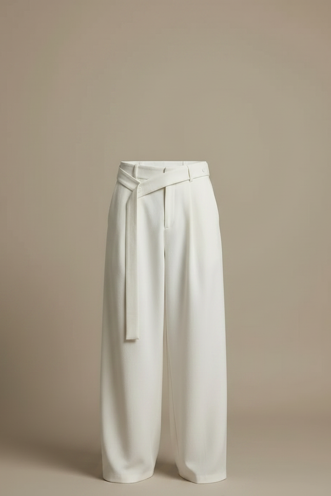 Pantalon Japonais Blanc Ample Ceinturé Fluide Élégant - Viscose - vue 3