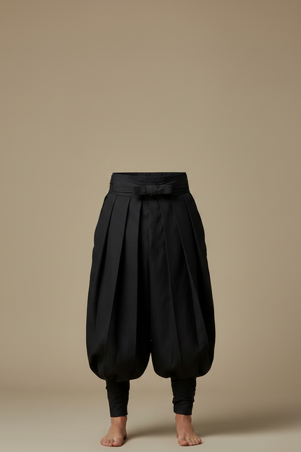 Pantalon Japonais Plissé Noir Ample Ceinturé Homme - Gabardine - vue 3
