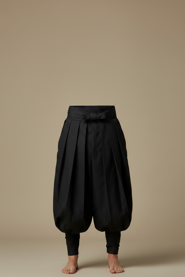 Pantalon Japonais Plissé Noir Ample Ceinturé Homme - Gabardine - vue 3