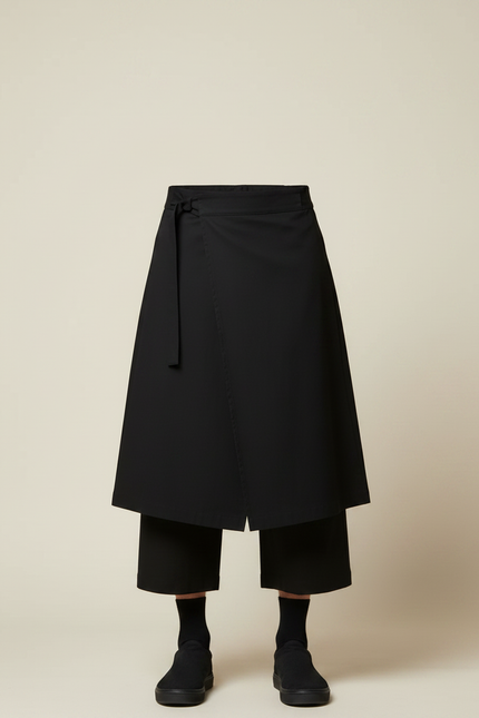 Pantalon Japonais Noir Ample Croisé Ceinturé Coton - vue 3