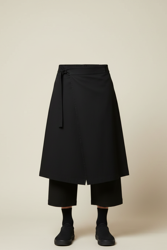Pantalon Japonais Noir Ample Croisé Ceinturé Coton - vue 3