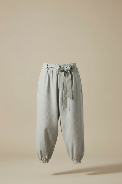 Pantalon Japonais Gris Ample Coton Ceinture Brodé - vue 3