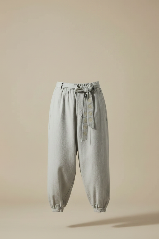 Pantalon Japonais Gris Ample Coton Ceinture Brodé - vue 3