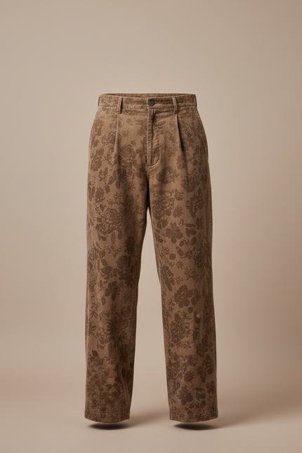 Pantalon Japonais Marron Fleuri Velours Côtelé Ample - Cordé - vue 3